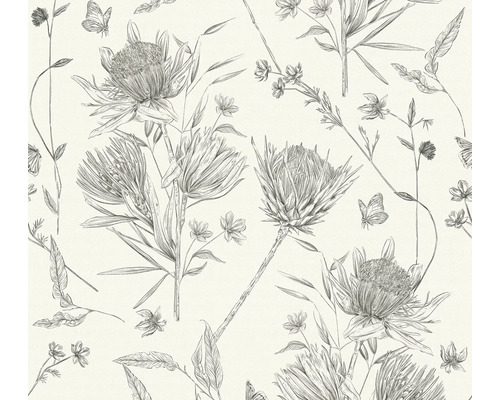 Papier peint intissé Drawn into Nature feuilles jungle floral naturel blanc noir