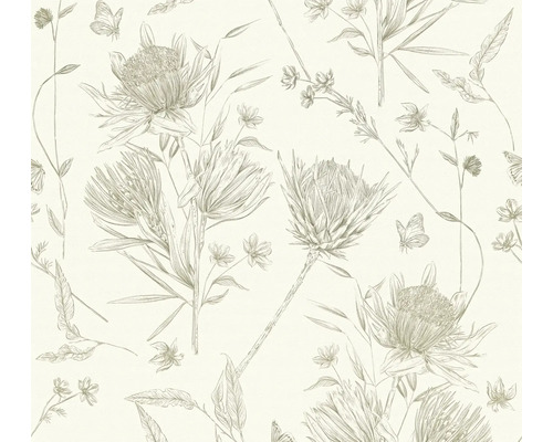 Papier peint intissé 39427-3 Drawn into Nature feuilles jungle floral naturel blanc vert