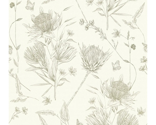 Papier peint intissé Drawn into Nature feuilles jungle floral naturel blanc vert