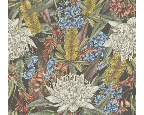 Papier peint intissé 39428-2 Drawn into Nature mélange de fleurs argent vert foncé bleu