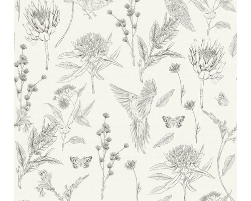 Papier peint intissé Drawn into Nature feuilles jungle floral naturel animaux blanc noir Papier peint intissé Drawn into Nature feuilles jungle floral naturel animaux blanc noir