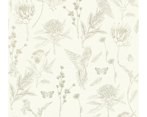 Papier peint intissé 39429-3 Drawn into Nature feuilles jungle floral naturel blanc vert