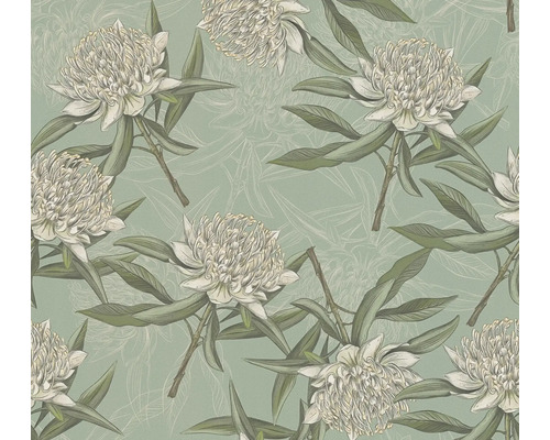 Papier peint intissé Drawn into Nature feuilles jungle floral naturel bleu vert blanc