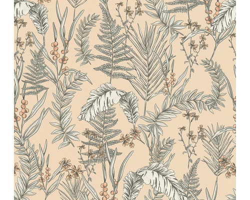 Papier peint intissé Drawn into Nature feuilles jungle floral naturel rose beige blanc noir