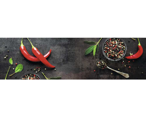 Küchenrückwand mySpotti Profix Chili 210 x 60 cm PX-21060-749-HB Dekorative Küchenrückwand mit Chilischoten und Pfefferkörnern