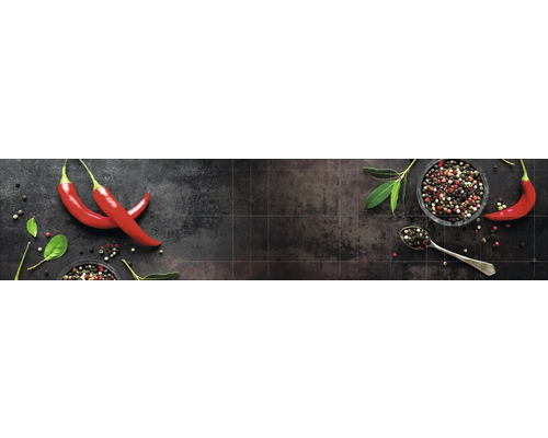 Crédence de cuisine mySpotti Profix Hot Chili piment 270 x 60 cm PX-27060-749-HB Fond de carreaux foncé avec piment, grains de poivre et herbes