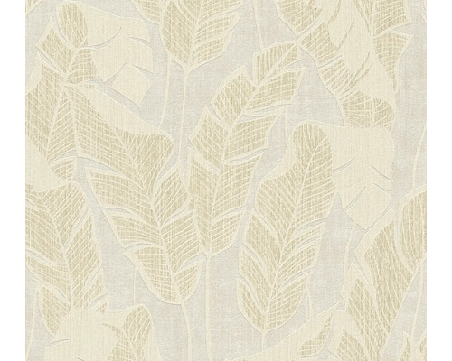 Papier peint intissé 39502-5 Jade 2 feuilles de palmier blanc beige or