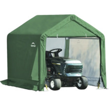 Grüne ShelterLogic Gerätegarage mit Rasentraktor