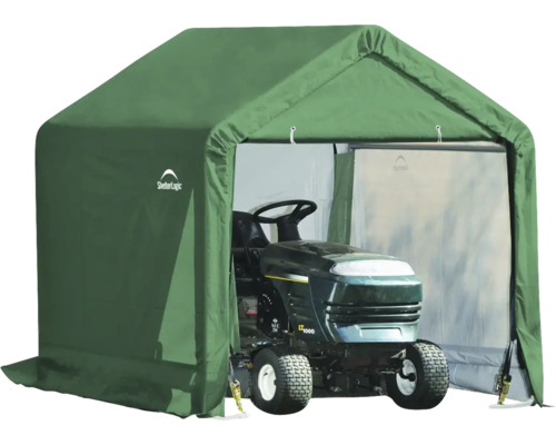 Grüne ShelterLogic Gerätegarage mit Rasentraktor