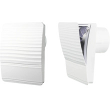 Deux vues d''un ventilateur de salle de bain blanc avec un motif ondulé sur la plaque frontale.