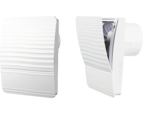 Deux vues d''un ventilateur de salle de bain blanc avec un motif ondulé sur la plaque frontale.