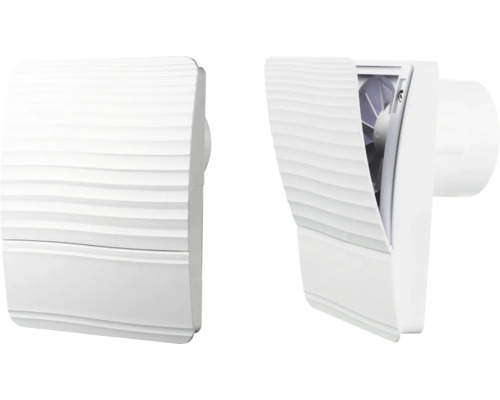 Deux vues d''un ventilateur mural blanc avec surface structurée