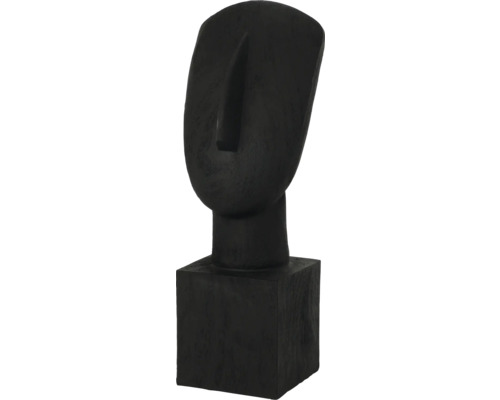 Dekofigur in Form eines stilisierten Gesichtes aus Holz auf einem Sockel