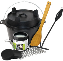 Gusseisen Topfset mit Deckel, Holzkochlöffel, Topfheber, Pflegepaste, Topfreiniger und Schwamm