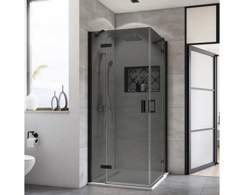 Douche accès d'angle avec porte pivotante en 4 éléments Breuer Panorama 120x120 cm en verre décoratif gris, profilé couleur noire Aménagement de salle de bains moderne avec cabine de douche, douche pluie et compartiment de rangement