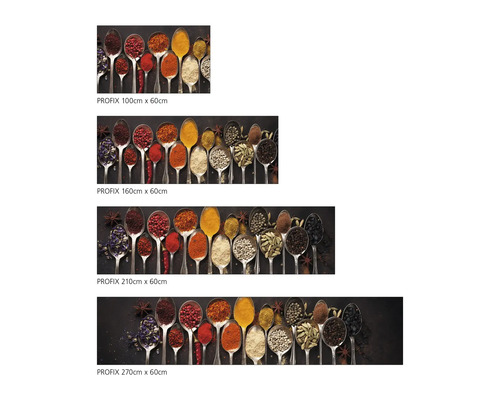 Crédence de cuisine Profix avec épices dans des cuillères de différentes tailles