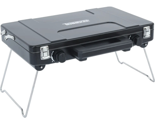 Tragbarer Gaskocher von Tenneker mit zwei Brennern und klappbaren Beinen