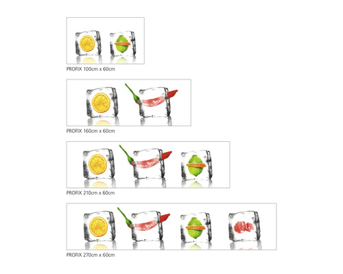 Crédence de cuisine Profix avec motifs de fruits dans des glaçons de différentes tailles