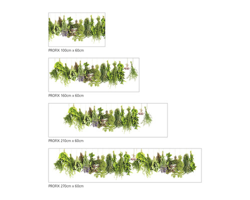 Différentes tailles de motifs d''herbes aromatiques Profix avec les dimensions 100cm x 60cm, 160cm x 60cm, 210cm x 60cm et 270cm x 60cm.