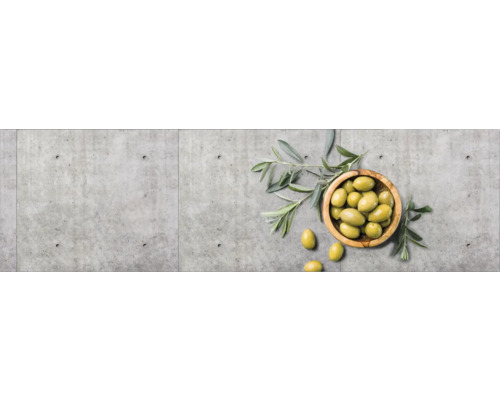 Crédence de cuisine mySpotti Profix Olive & Concrete olives mur en béton 210 x 60 cm PX-21060-1506-HB