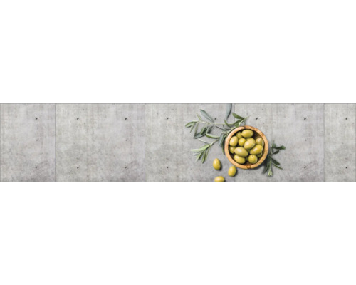 Crédence de cuisine mySpotti Profix Olive & Concrete olives mur en béton 270 x 60 cm PX-27060-1506-HB
