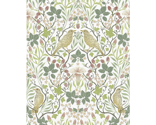 Papier peint intissé 47620 Heritage oiseau vert blanc Papier peint avec motif d''oiseaux, de plantes et de baies