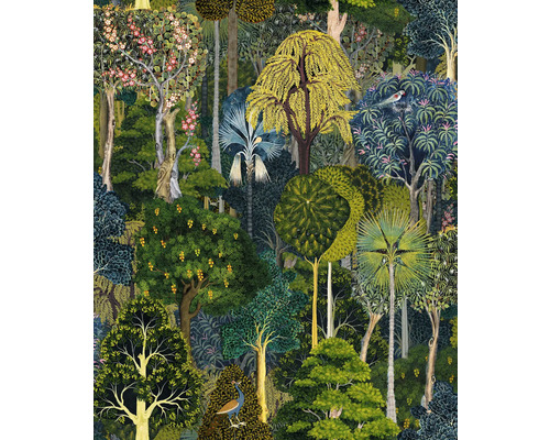 Vliestapete 47650 Heritage Bäume grün blau Illustration eines dichten Waldes mit verschiedenen Bäumen und Pflanzen