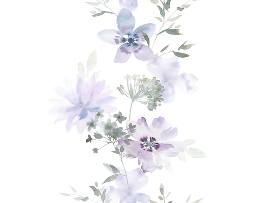 Papier peint intissé 81625 Kylie floral blanc violet Illustration à l''aquarelle de fleurs et de feuilles violettes