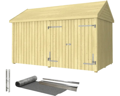 Gerätehaus PLUS Classic Multi Gartenhaus 10 m² 2 Module mit Doppeltür und geschlossener Front inkl. Dachpappe/Aluminiumguss/H-Pfostenfüße
