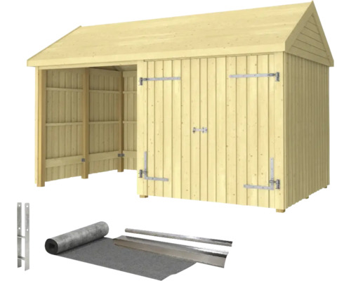 Gerätehaus PLUS Classic Multi Gartenhaus 10 m² 2 Module mit Doppeltür und offener Front inkl. Dachpappe/Aluminiumleisten/H-Pfostenfüße