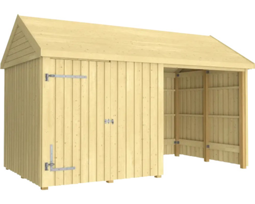 Abri de jardin en bois avec double porte et annexe ouverte