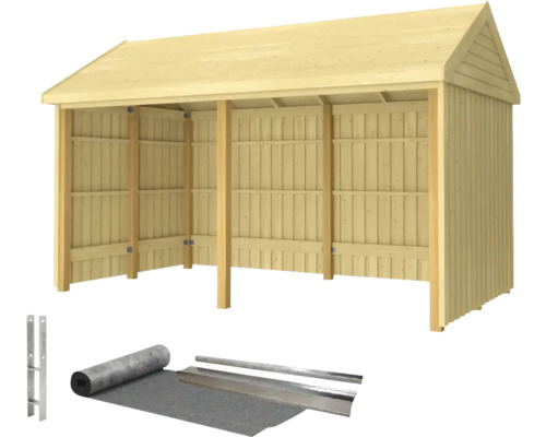 Gerätehaus PLUS Classic Multi Gartenhaus 10 m² 2 Module offen inkl. Dachpappe/Aluminiumlamellen/Pfostenfüße
