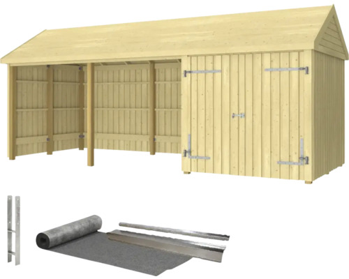 Gerätehaus PLUS Classic Multi Gartenhaus 14,5 m² 3 Module mit Doppeltür und offener Front inkl. Dachpappe/Aluminiumguss/H-Pfostenfüße