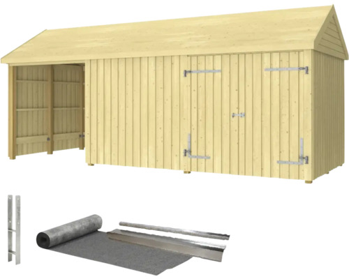 Gerätehaus PLUS Classic Multi Gartenhaus 14,5 m² 3 Module mit Doppeltür und offener/geschlossener Front inkl. Dachpappe/Aluminiumleiste/H-Pfostenfüße