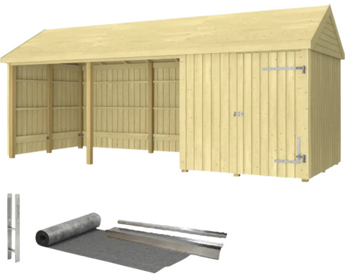 Garage en bois avec porte et accessoires tels que supports de poteaux et carton bitumé