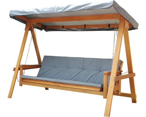 Balancelle GARDEN PLACE Elin 117.5x235x178.5 cm gris en bois de meranti robuste huilé Balancelle en bois avec toit et coussin