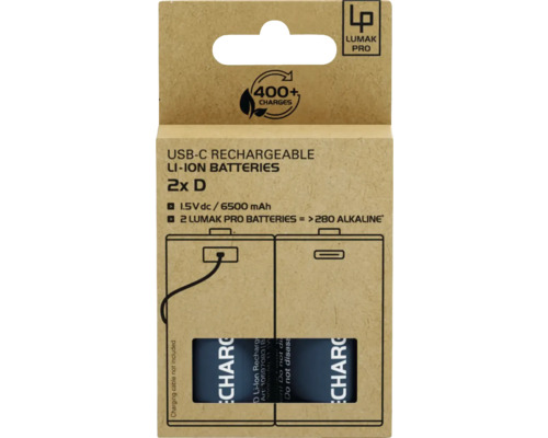 Emballage de deux piles D lithium-ion rechargeables USB-C de marque Lumak Pro