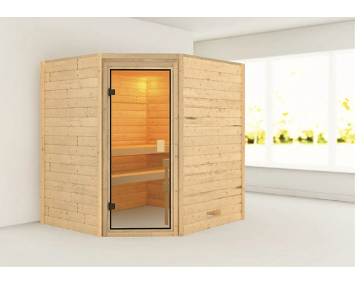 Sauna en madriers Woodfeeling Mia sans poêle ni couronne et porte vitrée coloris bronze