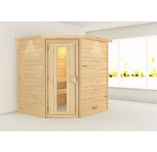 Sauna d''angle en bois avec porte vitrée et éclairage intérieur.