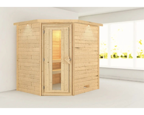 Blockbohlensauna Woodfeeling Mia ohne Ofen mit Dachkranz und Holztüre mit Isolierglas wärmegedämmt