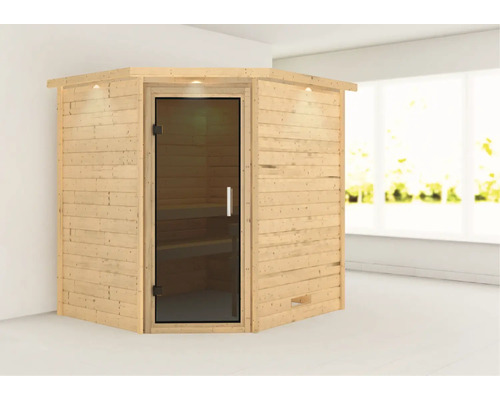 Sauna en madriers Woodfeeling Mia sans poêle avec couronne et porte entièrement vitrée coloris graphite