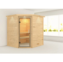 Sauna d''angle en bois avec porte en verre dans une pièce lumineuse.