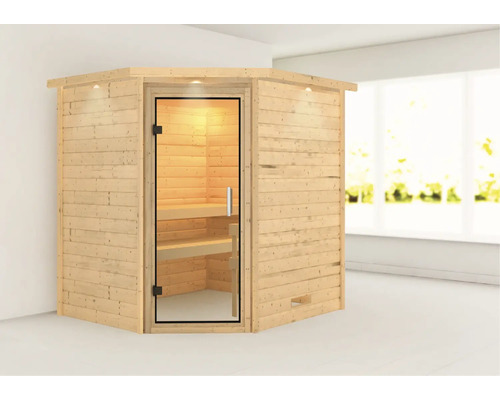 Sauna en madriers Woodfeeling Mia sans poêle avec couronne et porte entièrement vitrée transparente