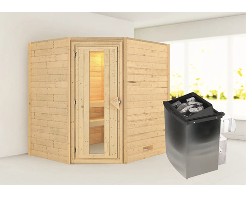 Sauna en bois massif Karibu Mia avec poêle 9 kW et commande intégrée sans couronne avec porte en bois et verre à isolation thermique