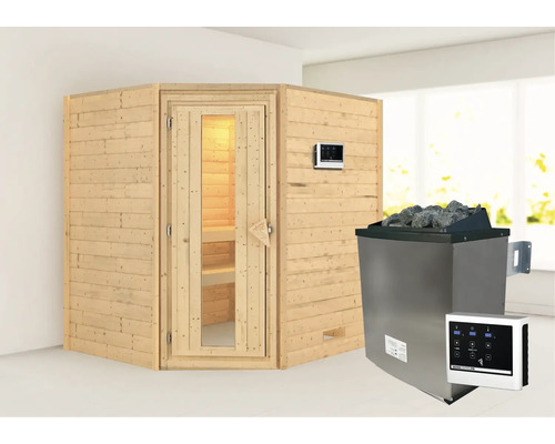 Sauna en bois massif Karibu Mia avec poêle 9 kW et commande externe sans couronne avec porte en bois avec verre à isolation thermique