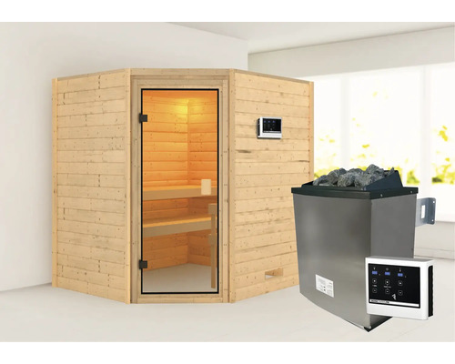 Sauna en bois massif Karibu Mia avec poêle 9 kW et commande externe sans couronne avec porte entièrement vitrée couleur bronze