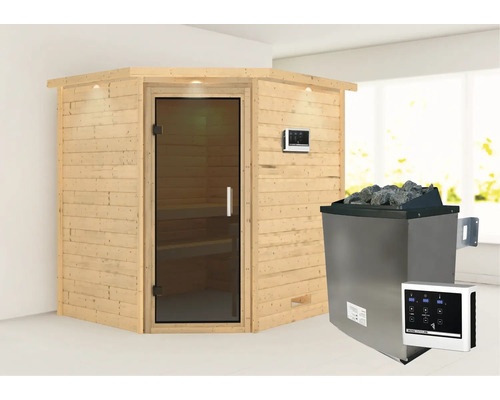 Sauna en bois massif Karibu Mia avec poêle 9 kW et commande externe avec couronne et porte entièrement vitrée couleur graphite