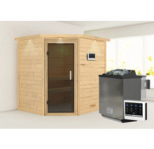 Sauna d''angle avec porte en verre, poêle de sauna et commande
