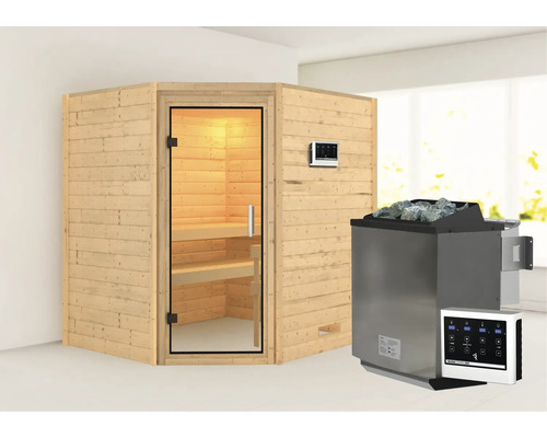 Sauna en bois massif Karibu Mia avec poêle bio 9 kW et commande externe sans couronne avec porte entièrement vitrée en verre transparent