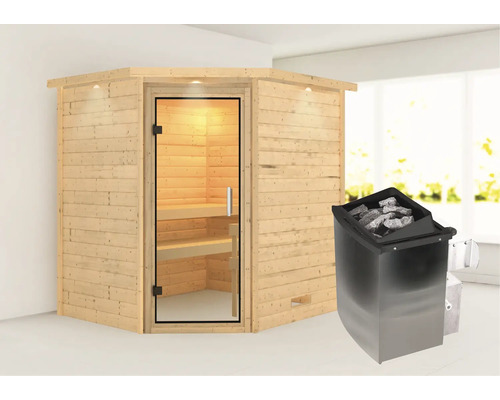 Sauna en bois massif Karibu Mia avec poêle 9 kW et commande intégrée avec couronne et porte entièrement vitrée en verre transparent